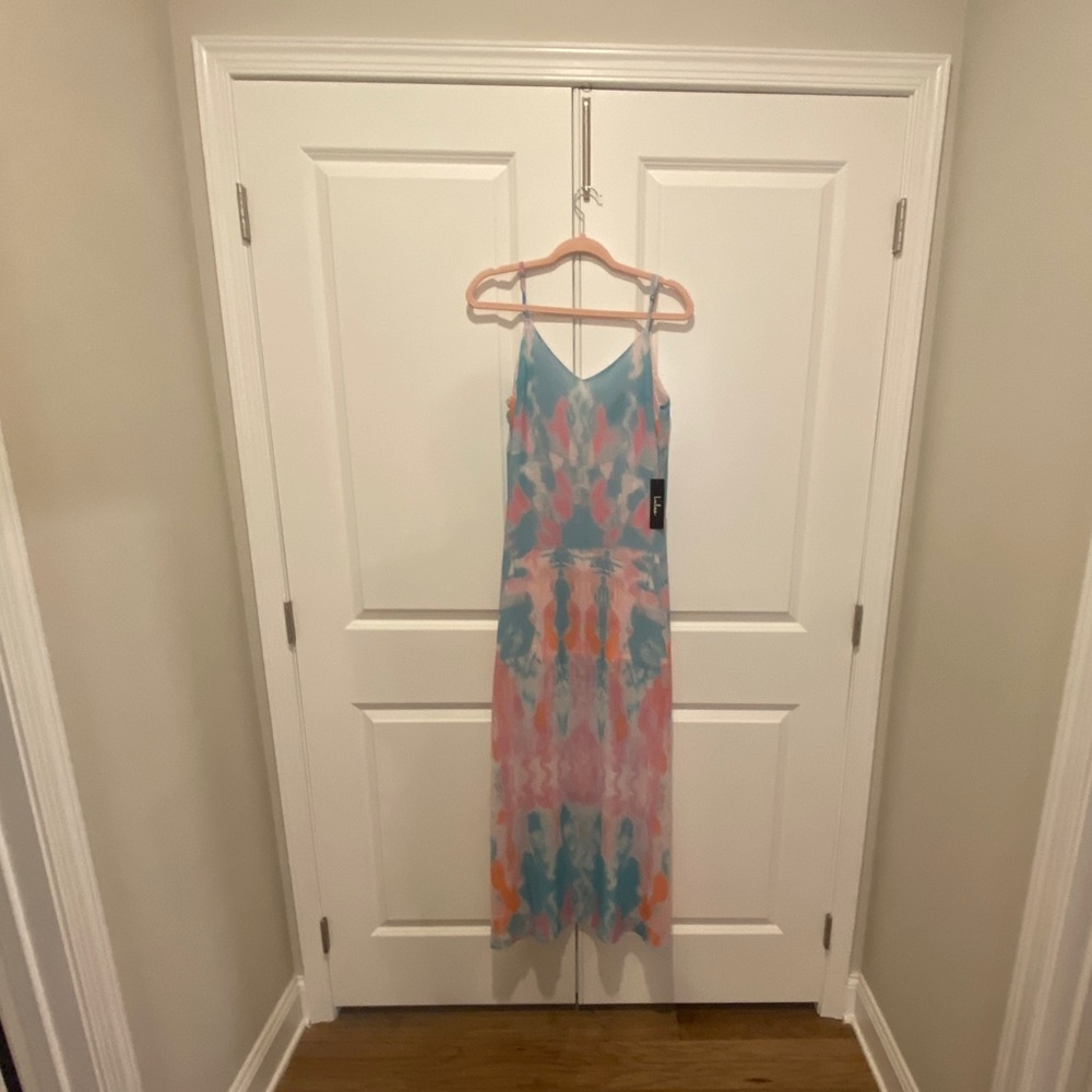 NWT Flying Watercolors Fuchsia Print Maxi Dress - Picture 7 of 8
